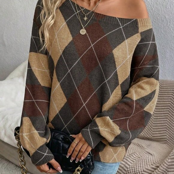 Multicolor Casual Women's Off-Shoulder Argyle Sweater